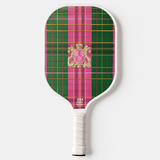 Preppy Plaid Roze en Groen Monogrammed Pickleball Paddle (Achterkant)