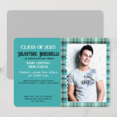 Preppy Plaid Senior Afstudeeruitnodiging {Blauw} Aankondiging (Voorkant / Achterkant)