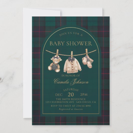 Preppy Plaid Teddy Bear Baby Shower Invitation Kaart (Voorkant)