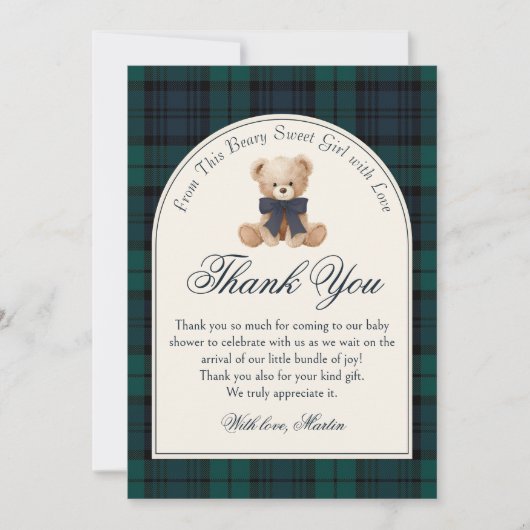 Preppy Plaid Teddy Bear Birthday Thank You Card Bedankkaart (Voorkant)