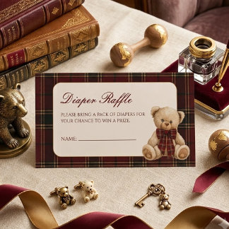Preppy Plaid Teddybeer Baby Shower Luier Raffle Informatiekaartje