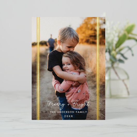 Preppy Plaid Twee Foto Verticale Folie Feestdagenkaart (Staand Voorkant)