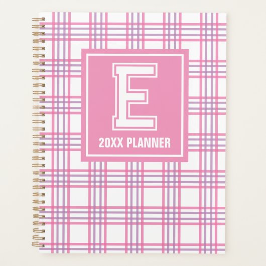 Preppy Plaid Varsity Monogram Pink Purple Planner (Voorkant)