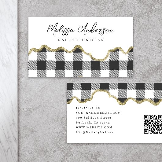 Preppy Plaid Zwart Wit Goud Glitter QR Code Visitekaartje