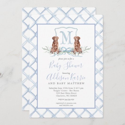 Preppy Puppy Dog Crest Baby shower uitnodiging (Voorkant / Achterkant)