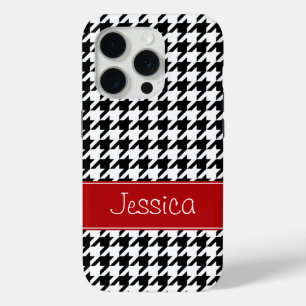 Preppy Red en Black Houndstooth op maat iPhone 15 Pro Case