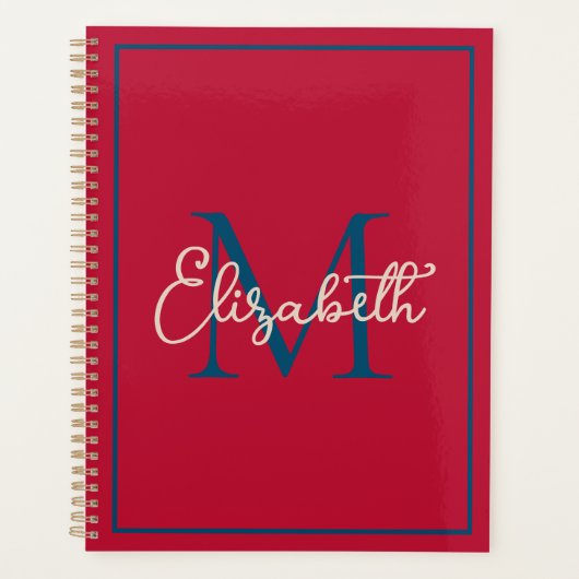 Preppy Red Navy Blue en Crème Monogram Planner (Voorkant)