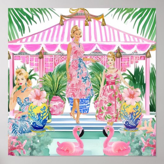 Preppy Retro Palm Beach Pool Party Poster (Voorkant)