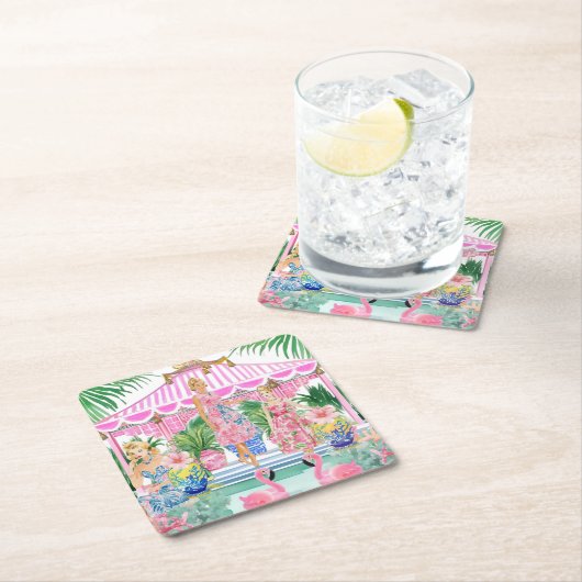 Preppy Retro Palm Beach Pool Party Vierkante Kartonnen Onderzetter (Insitu)