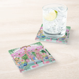Preppy Retro Palm Beach Zwembad Feestje Glazen Onderzetter