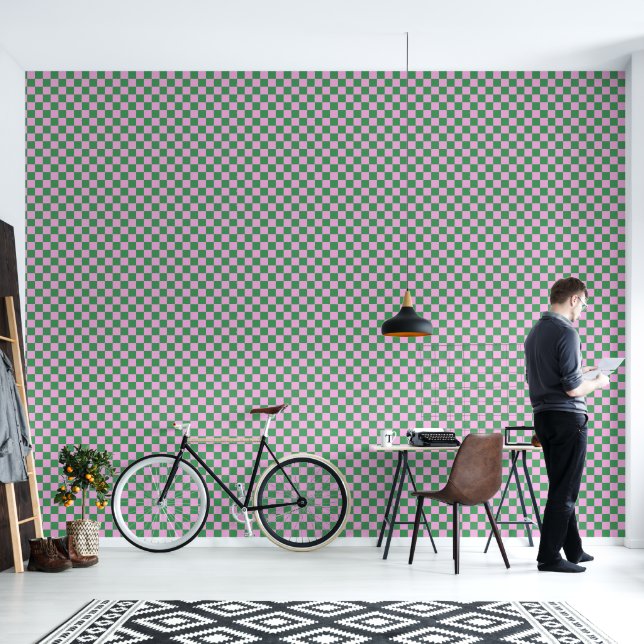 Preppy Retro Roze en Groen Geometrisch Checkerboar Behang (Woonkamer)