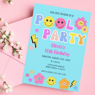 Preppy Retro Y2K Pool Party Gelukkig Gezicht Verja Kaart
