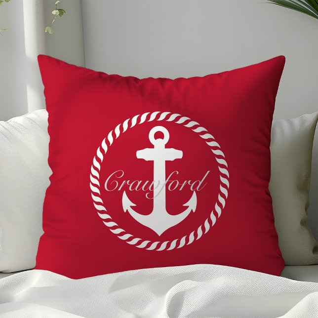 Preppy Rode & Witte Scheepsanker Monogram Kussen (Creator heeft geüpload)