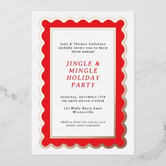 Preppy Rood en Wit Eenvoudige geschulpte Kerstmis Folie Uitnodiging (Voorkant)