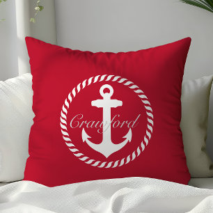 Preppy Rood & Wit Scheepsanker Monogram Kussen