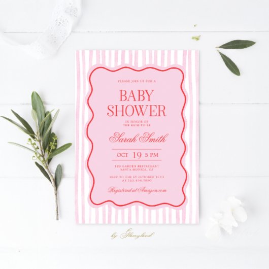 Preppy rose rouge Wavy Baby shower Invitation fill