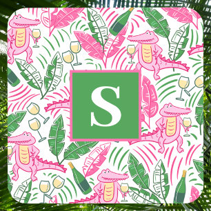 Preppy Roze Alligator Monogram / Wijn Palm Bladere Bier Onderzetter