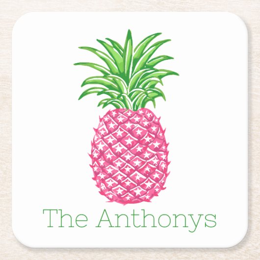 Preppy Roze Ananas Persoonlijk Vierkante Kartonnen Onderzetter (Voorkant)