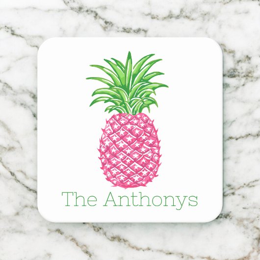 Preppy Roze Ananas Persoonlijk Vierkante Kartonnen Onderzetter