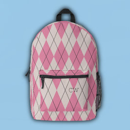 Preppy Roze Argyle Print Monogram Initialen Bedrukte Rugzak