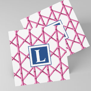 Preppy Roze Bamboe Tralie Monogram Notitiekaartje