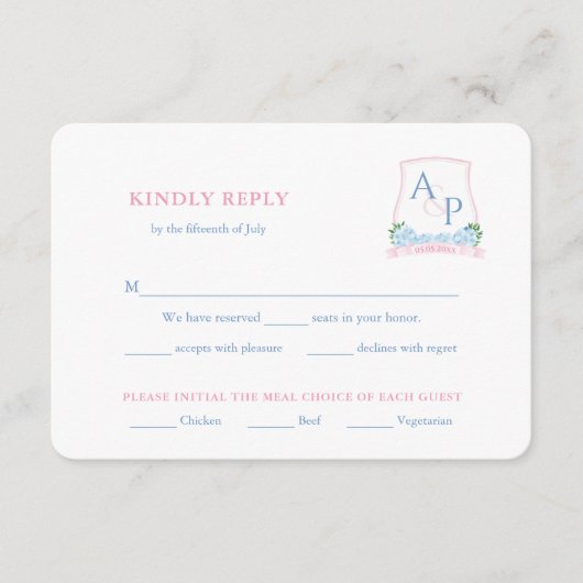 Preppy Roze Blauw Bruiloft Crest Maaltijd Keuze RS Informatiekaartje (Voorkant)