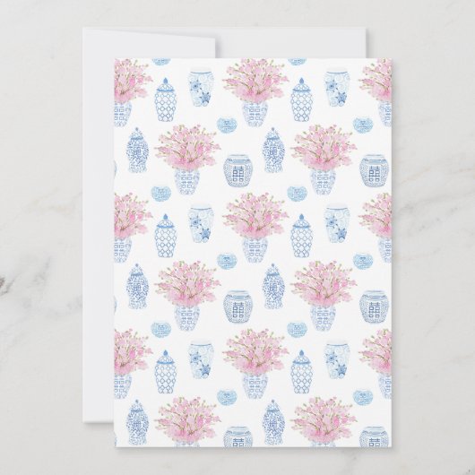 Preppy Roze Blauw Chinoiserie Trouwdouche Kaart (Achterkant)