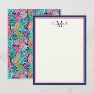 Preppy Roze Blauwgroen Navy Blauwe Ananas Monogram Notitiekaartje