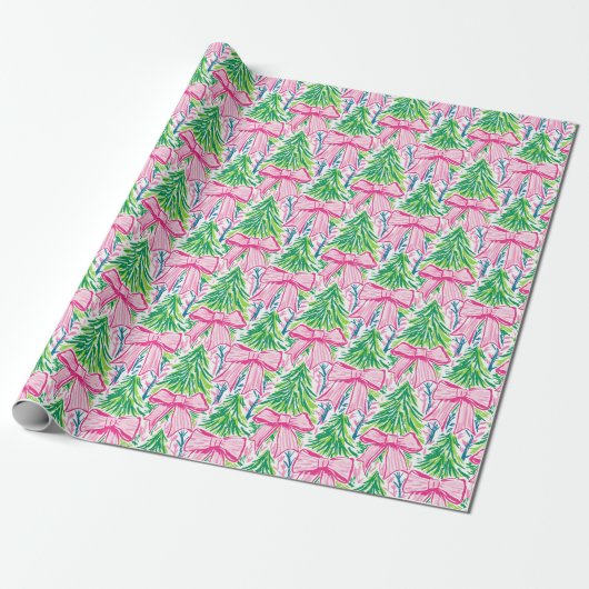 Preppy Roze Bogen en Garland Kerstmis Cadeaupapier (Uitgerold)