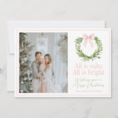 Preppy Roze Bow Krans Geplaagd Kerstmis Feestdagenkaart (Voorkant)