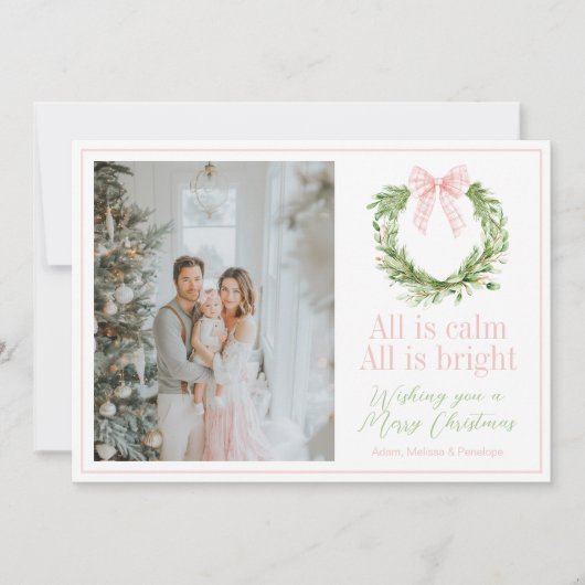 Preppy Roze Bow Krans Geplaagd Kerstmis Feestdagenkaart (Voorkant)
