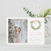 Preppy Roze Bow Krans Geplaagd Kerstmis Feestdagenkaart (Staand voorkant)