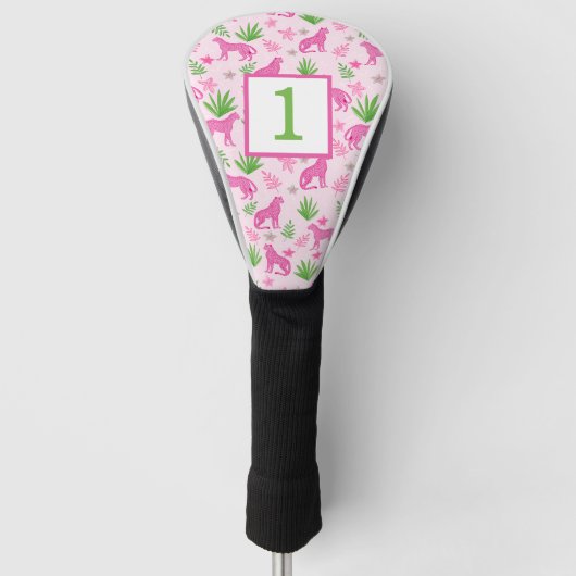 Preppy Roze Cheetah Custom Nummer Golfheadcover (Voorkant)