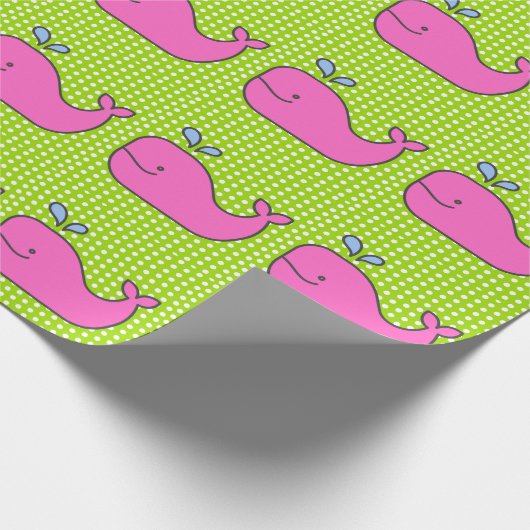Preppy Roze en Blauwe Walvissen op Groene Polka Do Cadeaupapier (Hoek)