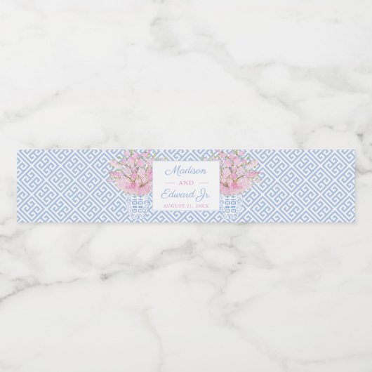 Preppy roze en Blue Chinoiserie Wedding Waterfles Etiket (Enkel label)