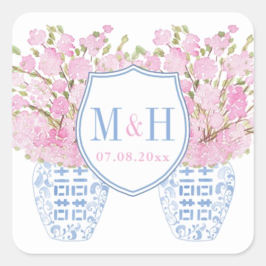 Preppy roze en Blue Wedding Monogram Crest Square Vierkante Sticker (Voorkant)