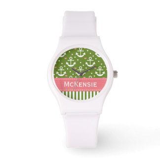 Preppy roze en groen anker nautisch horloge