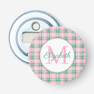 Preppy roze en groen geplakt monogram button flesopener