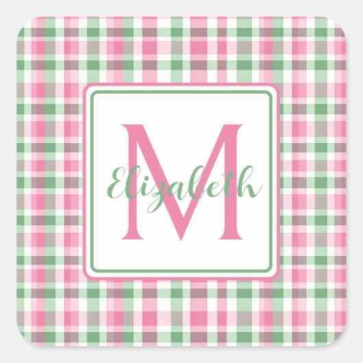 Preppy roze en groen geplakt monogram vierkante sticker (Voorkant)