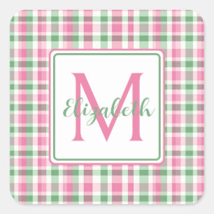 Preppy roze en groen geplakt monogram vierkante sticker