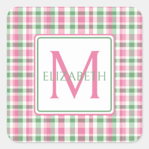 Preppy roze en groen geplakt monogram vierkante sticker