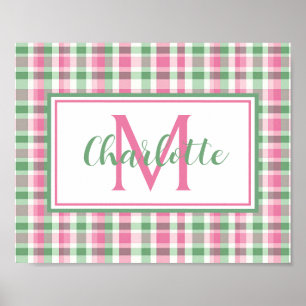 Preppy Roze en Groen Geruit Monogram Poster
