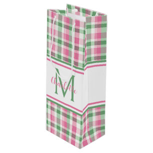 Preppy Roze en Groen Geruit Monogram Wijn Cadeautas