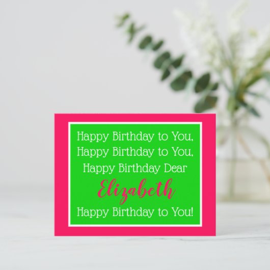 Preppy Roze en Groen Happy Birthday Song Briefkaart (Staand voorkant)