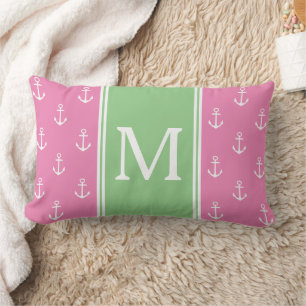 Preppy Roze en Groen Met Witte Anker Monogram Kussen