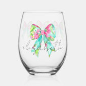 Preppy roze en groene bogen gepersonaliseerd wijnglas zonder voet (Voorkant)