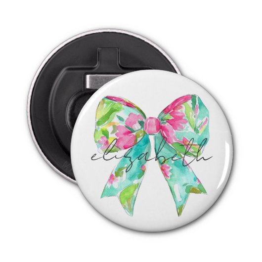 Preppy roze en groene boog gepersonaliseerd button flesopener (Voorkant)