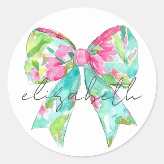 Preppy roze en groene boog gepersonaliseerd ronde sticker (Voorkant)