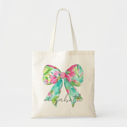 Preppy roze en groene boog gepersonaliseerd tote bag (Voorkant)