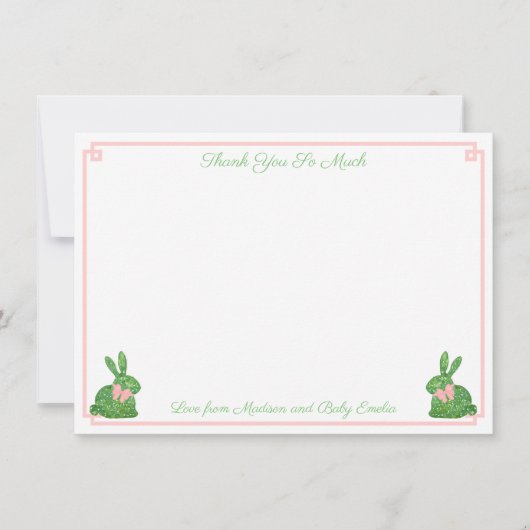 Preppy roze en groene boveniary Rabbit Baby shower Bedankkaart (Voorkant)